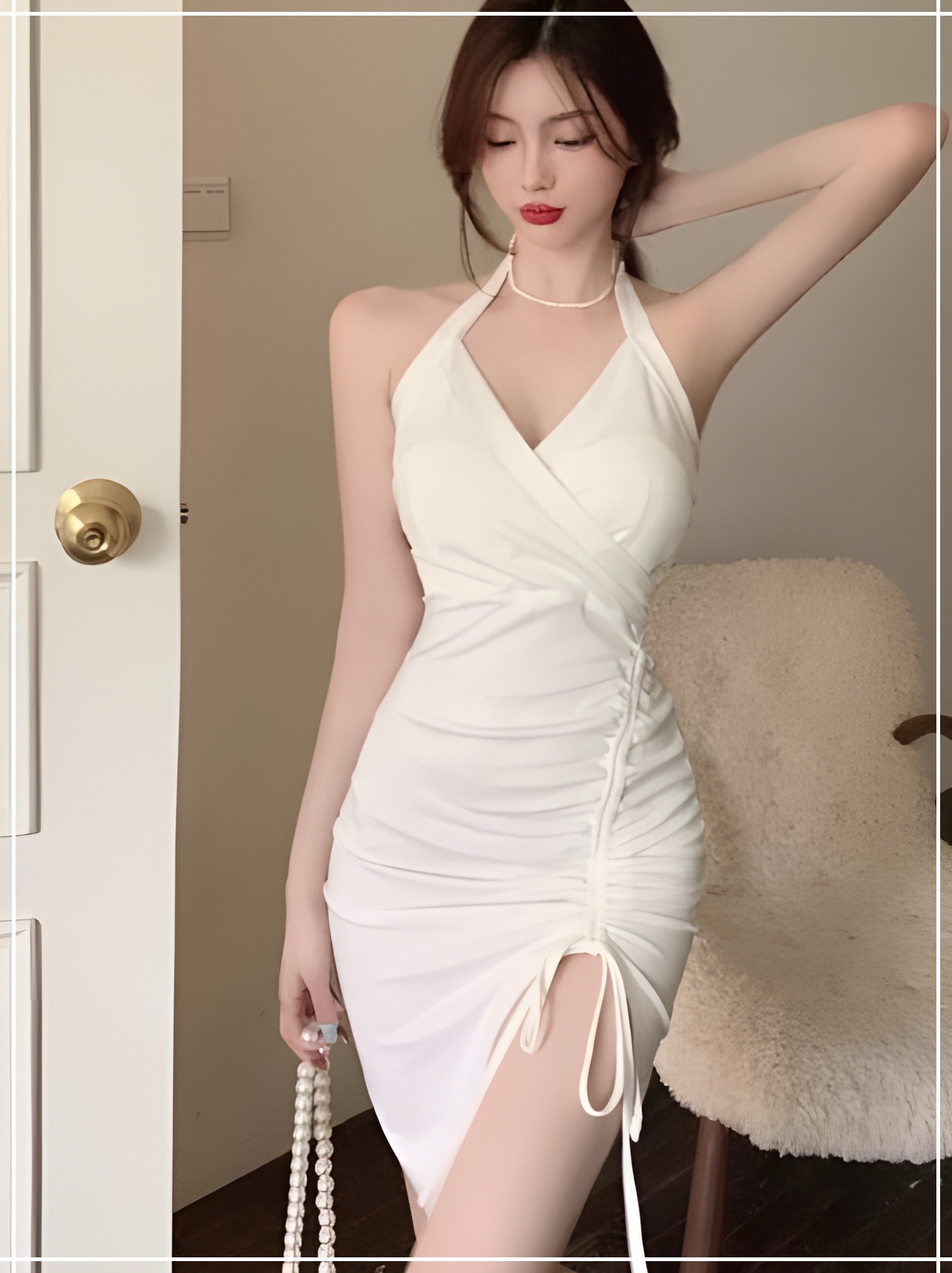 Halter Neck Bodycon Mini Dress with Side Drawstring