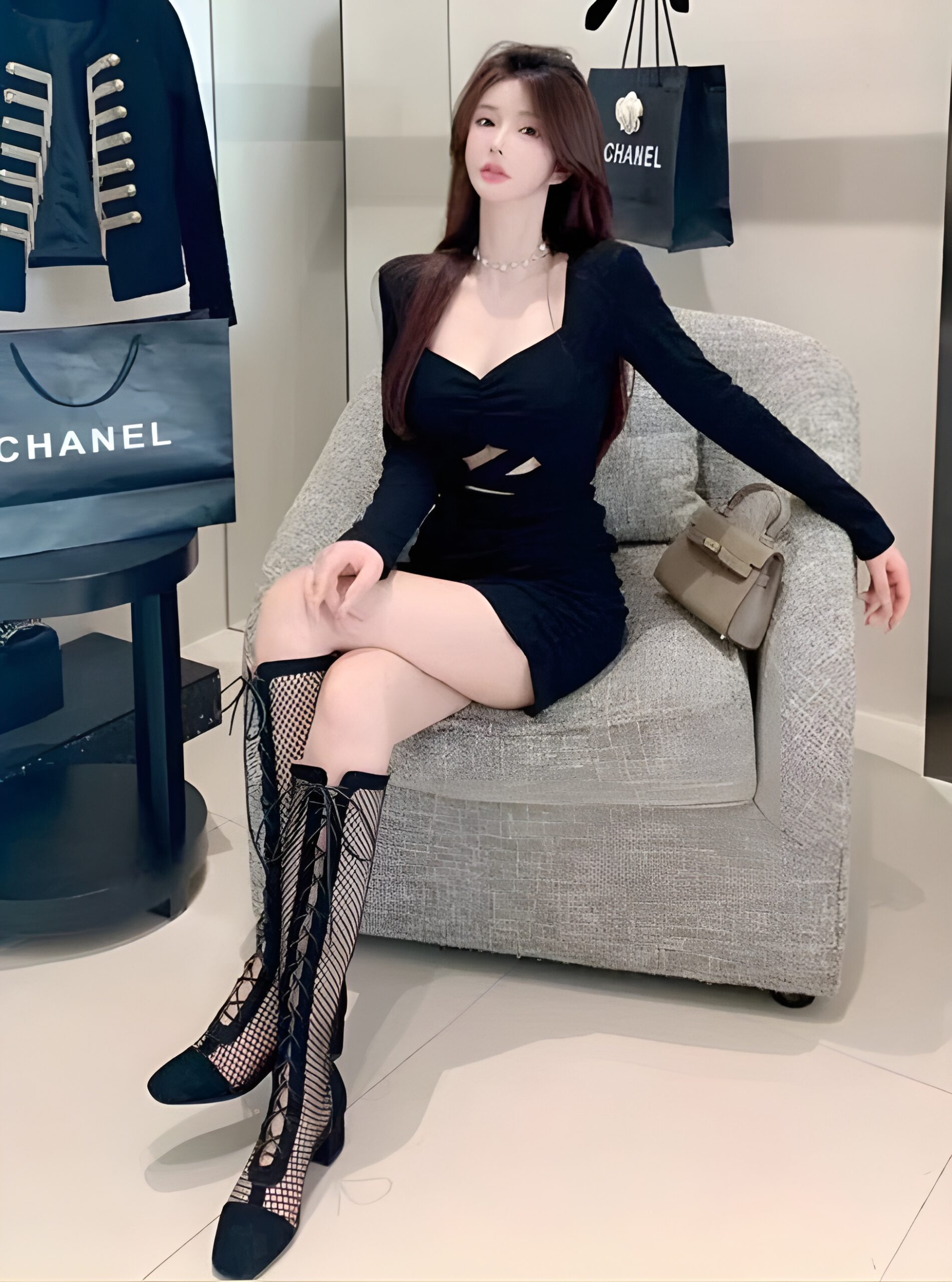 Korean Bodycon Sexy Dress Autumn Hot Girl Dress Black Hollow Long Sleeved Skirt with Square Neck and Sexy Hip-Hugging Pleats