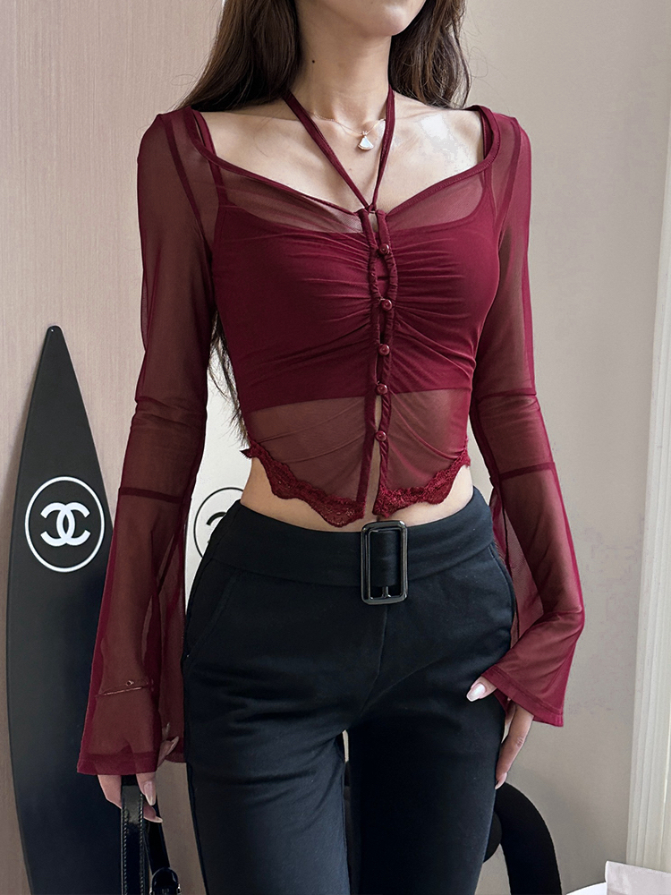 Long Sleeve Blouse Crop Top with Neckline